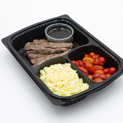 Steak basil chicken + basmati rice